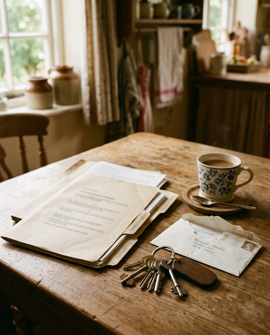 Estate papers sorted into folders on a sunlit farmhouse kitchen table, beside house keys, an opened envelope, and a cup of tea.